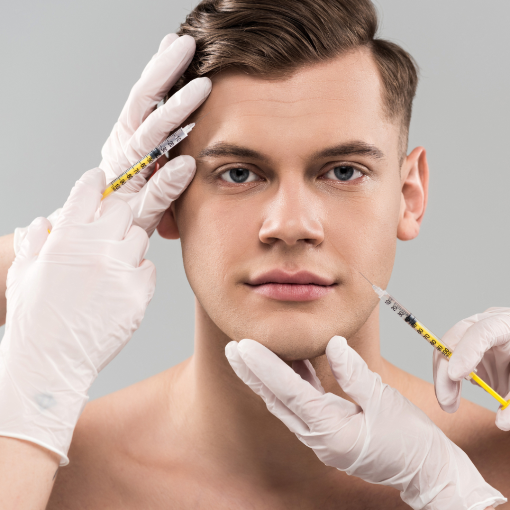 Botox in Leicester at Smile Perfections dentist Leicester, showing a young man receiving cosmetic treatment to smooth forehead and cheek lines for a refreshed appearance.