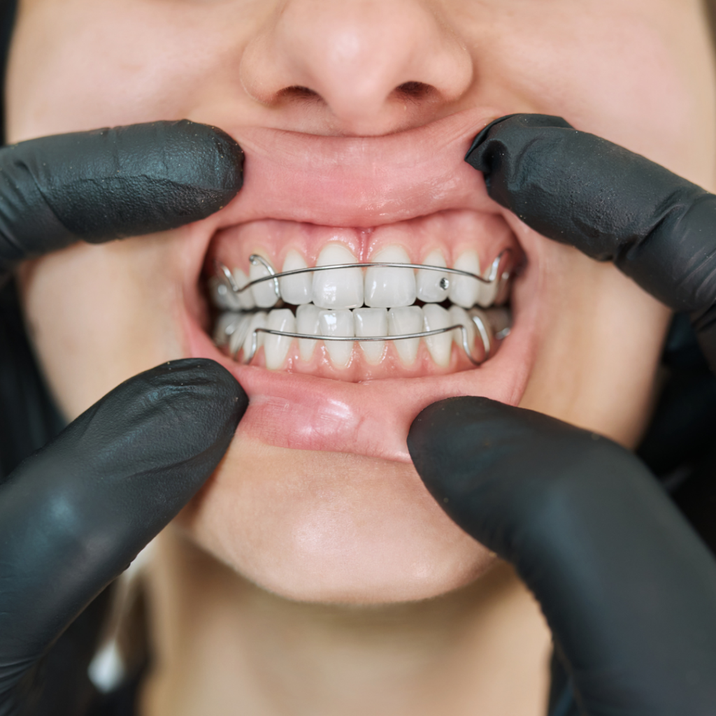 The process of Inman Aligner in Leicester at Smile Perfections dentist Leicester, showing metal frames across both upper and lower arches for efficient teeth alignment.