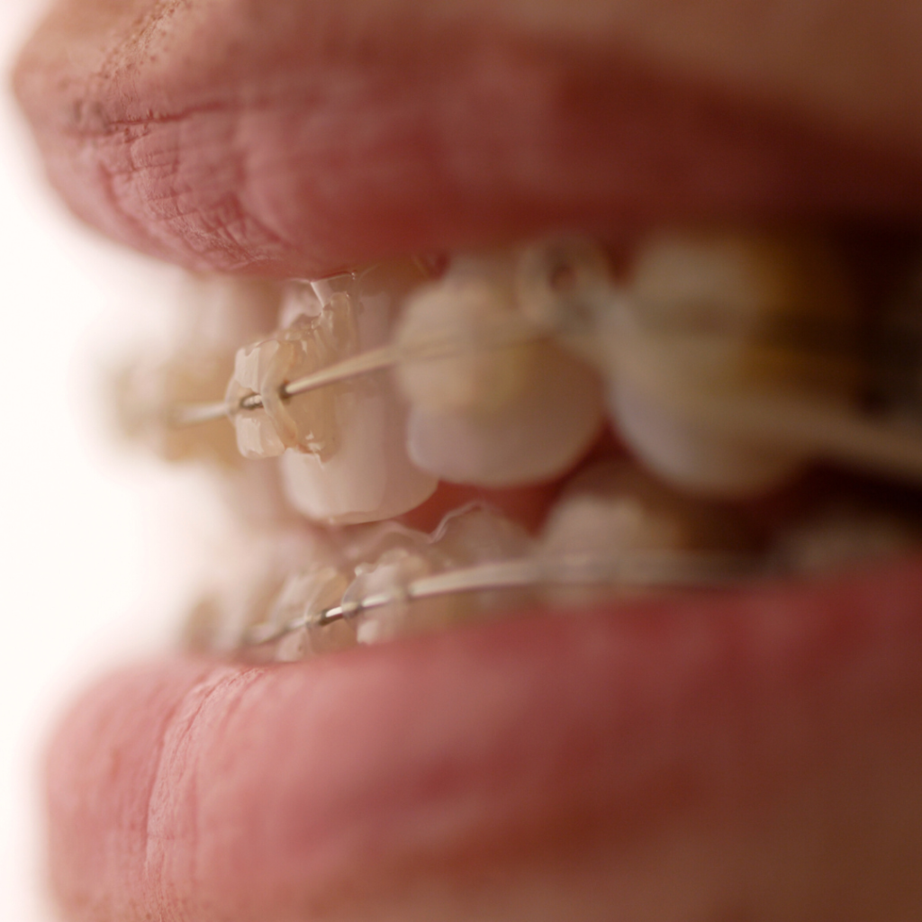 Close-up photo of a mouth with Six Month Smiles braces in Leicester at Smile Perfections dentist Leicester, showing clear brackets used for discreet teeth alignment.