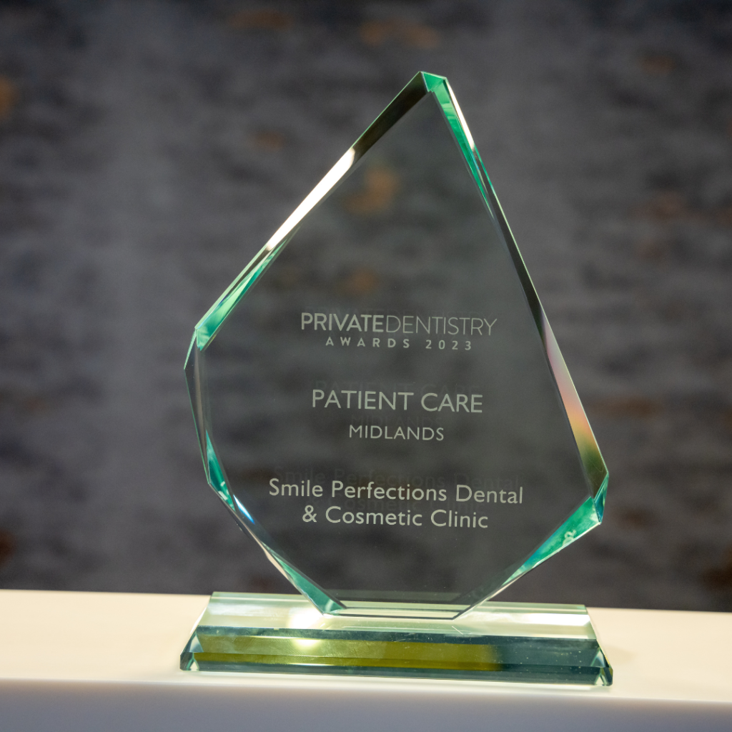 Patient Care in Midlands award from the Private Dentistry Awards displayed at Smile Perfections dentist Leicester, recognising excellence in patient service and care.