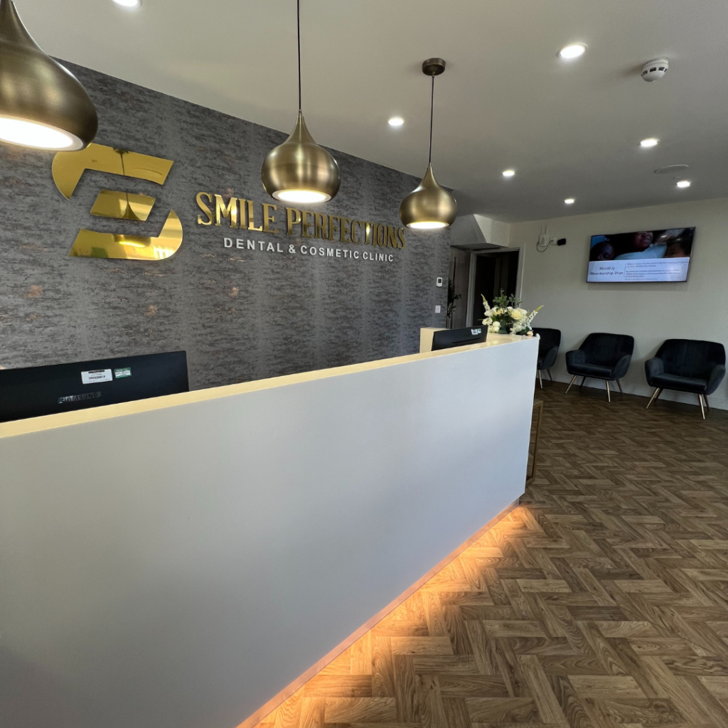 Reception area at Smile Perfections in Leicester, providing a welcoming and comfortable environment for patients on arrival.