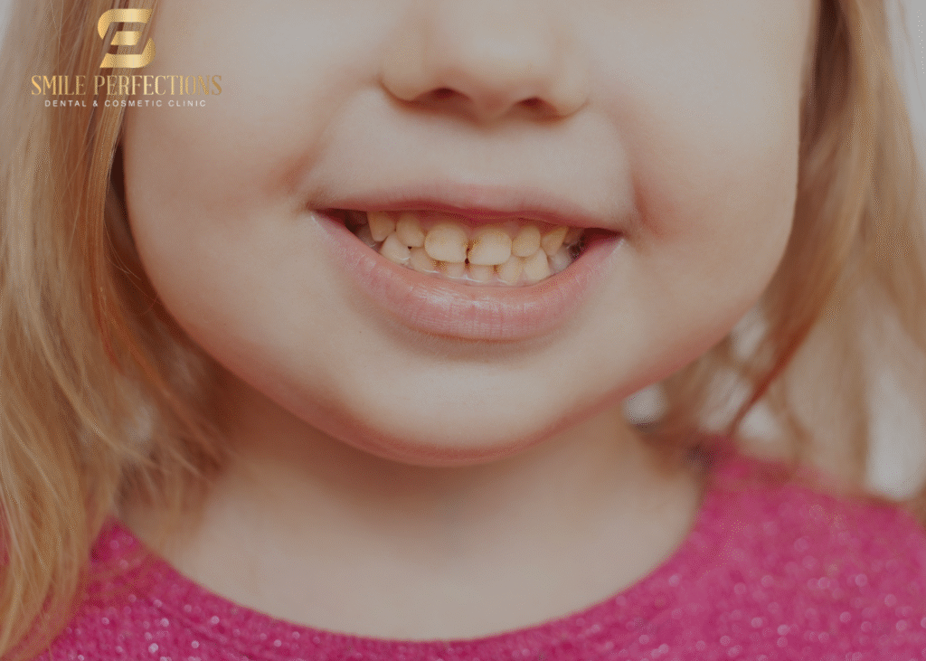 children yellow teeth despite brushing - photo of a child's mouth showing yellow teeth