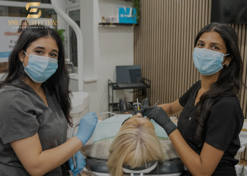 Dental nurse and dental hygienist during a dental check-up